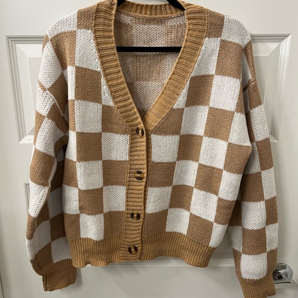 Sweaters - Checkered Tan and White Women's Sweater